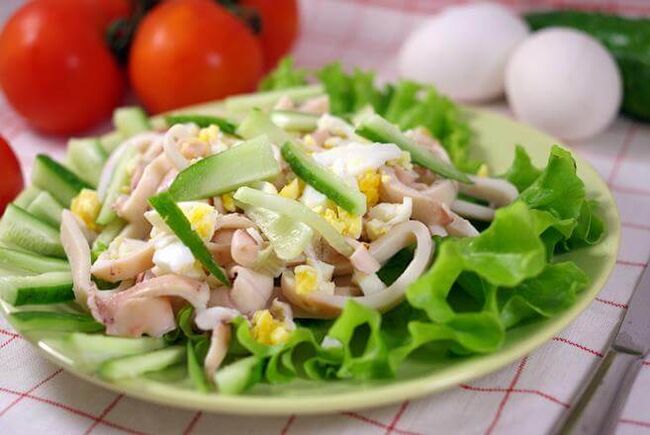 Squid salad with eggs and cucumbers on a low-carb diet